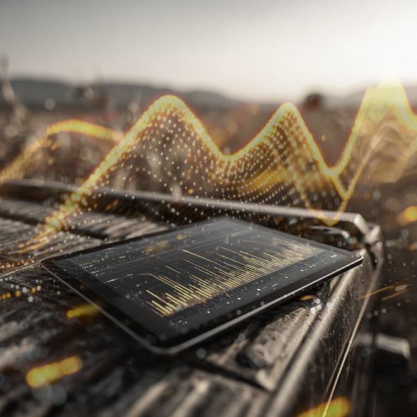 Tablet displaying farm performance and financial analytics on a truck bed, overlaid with glowing yellow data waves symbolizing real-time agriculture ERP insights and audit-ready accuracy.