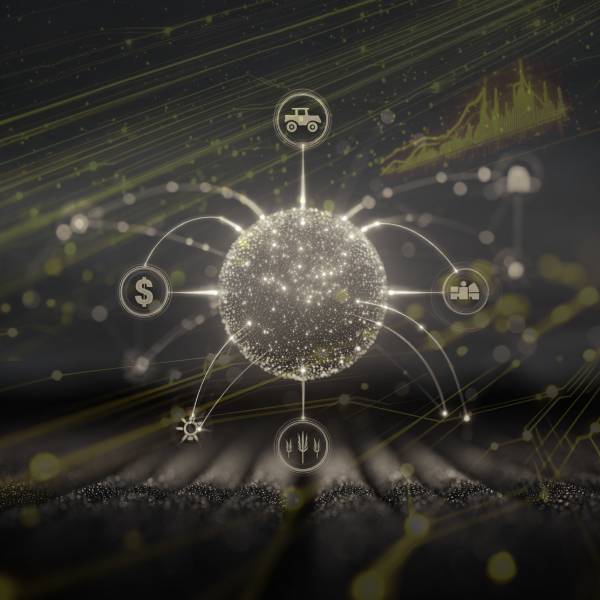 Glowing digital sphere connected to icons for finance, equipment, workforce, and crops, symbolizing AG Boss as one system of truth uniting all parts of farm management through real-time data
