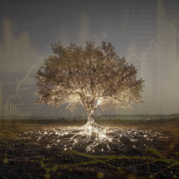 Glowing tree with illuminated circuitry roots spreading through the soil, symbolizing scalable growth and integrated farm systems powered by AG Boss agriculture ERP technology.