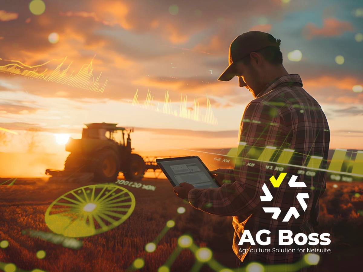 Farmer standing in a field at sunset holding a tablet, glowing yellow data layers flowing across the landscape, symbolizing real-time farm management and connected agriculture through AG Boss.