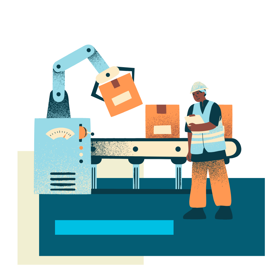 NetSuite Manfuacturing with a machine, conveyor belt, boxes, and employee with a clipboard